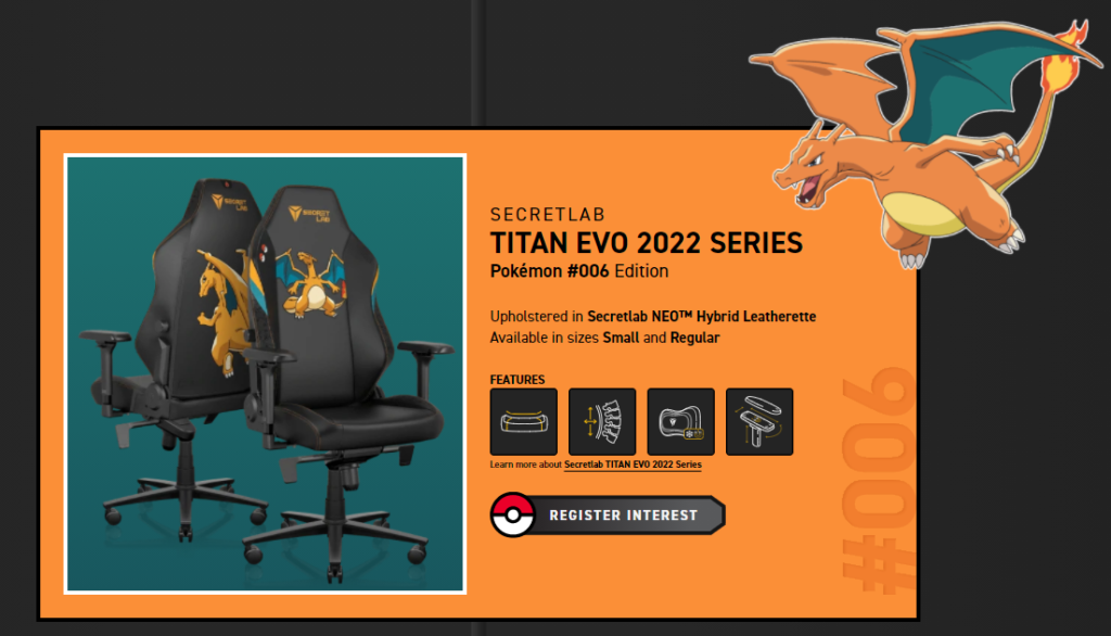 Pokémon x Secretlab推出联名款电竞椅： TITAN Evo 2022+Pikachu、Charizard主题！