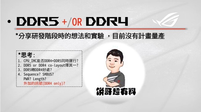 照片中提到了DDR5 +/OR DDRY、*分享研发阶段时的想法和实验,目前没有计画量产、*思考:，跟ROG电话有关，包含了媒体、商标、产品设计、产品、字形