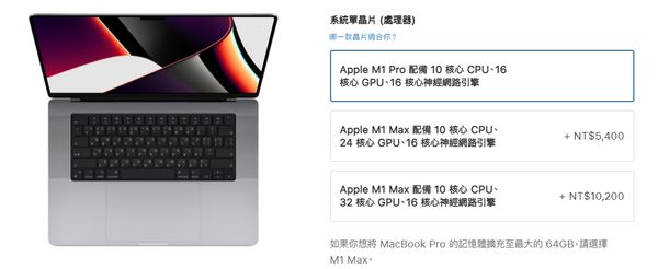 16寸MacBook Pro提供三种芯片规格，除了M1 Pro外，M1 Max在10核心CPU下，还有24核心CPU及32核心CPU可选择。