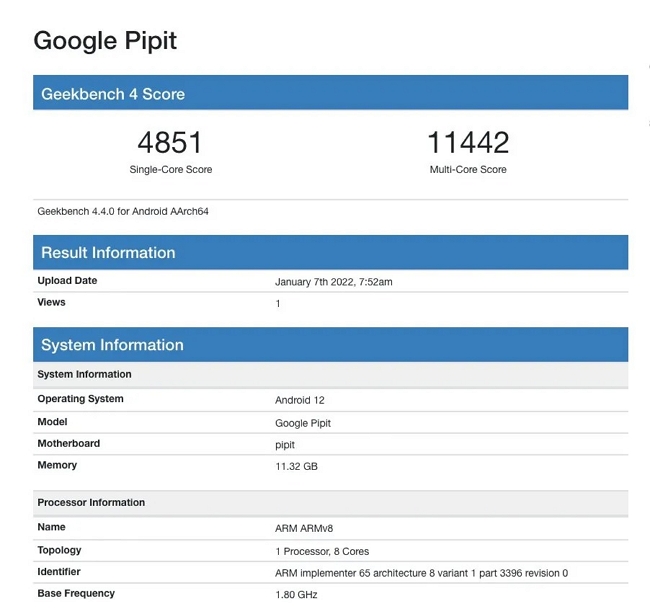 谷歌折叠手机Pixel Fold再度现身跑分数据库：自研Tensor芯片+12GB内存