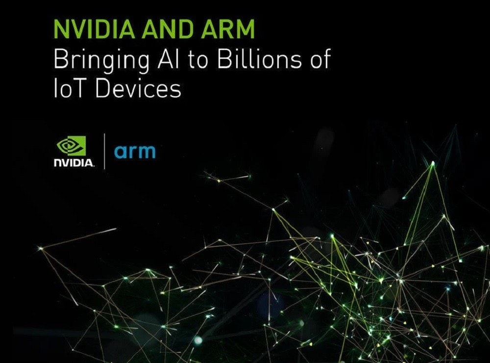 照片中提到了NVIDIA AND ARM、Bringing Al to Billions of、loT Devices，跟英伟达、武器控股有关，包含了大气层、图形处理单元、EE时代