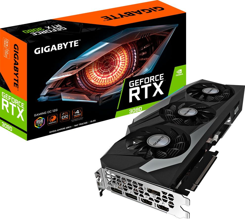 GIGABYTE GeForce RTX 3080 GAMING OC 12G采用技嘉风之力散热系统搭载3个独特刀锋导流造型风扇。