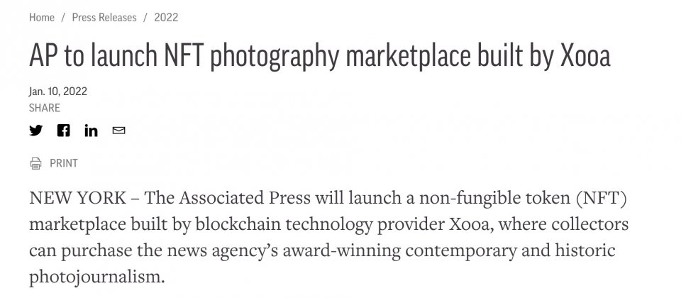 美联社建立NFT新闻摄影市场，贩售自家记者摄影作品