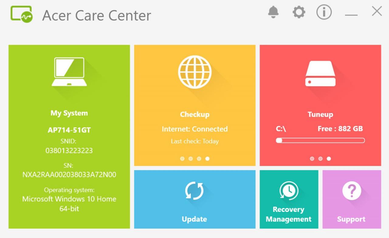 Acer Care Center 的主页面采区块式设计，可以很直觉地找到对应的功能项目。