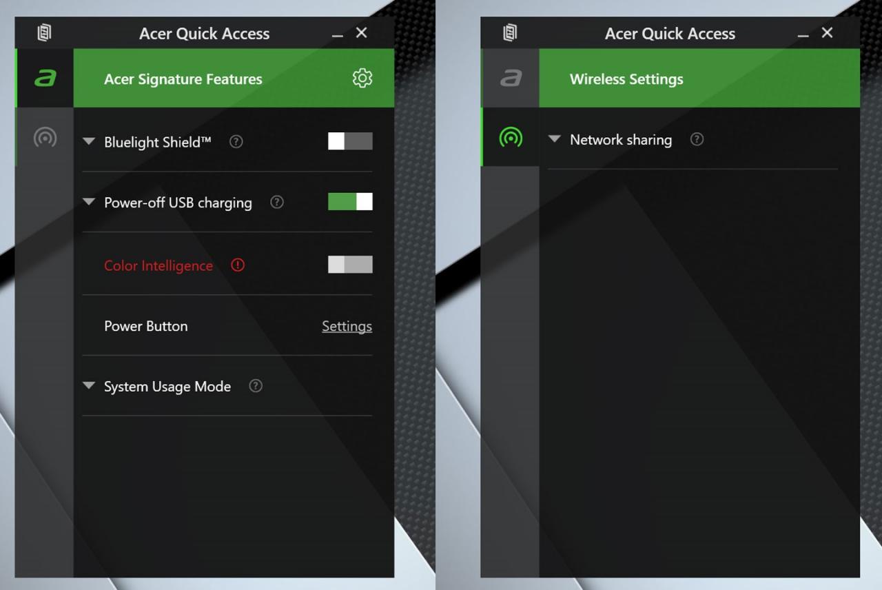 Acer Quick Access 面板集结了常用的系统切换功能，包括屏幕抗蓝光、USB 充电、电源键功能... 等。