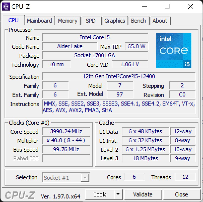 测试的主角为只有6组P-Core而没有E-Core的Intel Core i5-12400处理器。