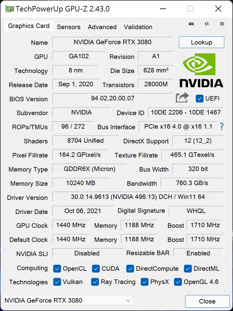 显示卡为NVIDIA GeForce RTX 3080 Founder Edition，并开启Resizable BAR功能。