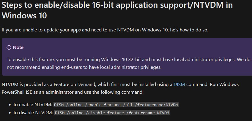 官方说明文件提到在Windows 10启用NTVDM的方式。