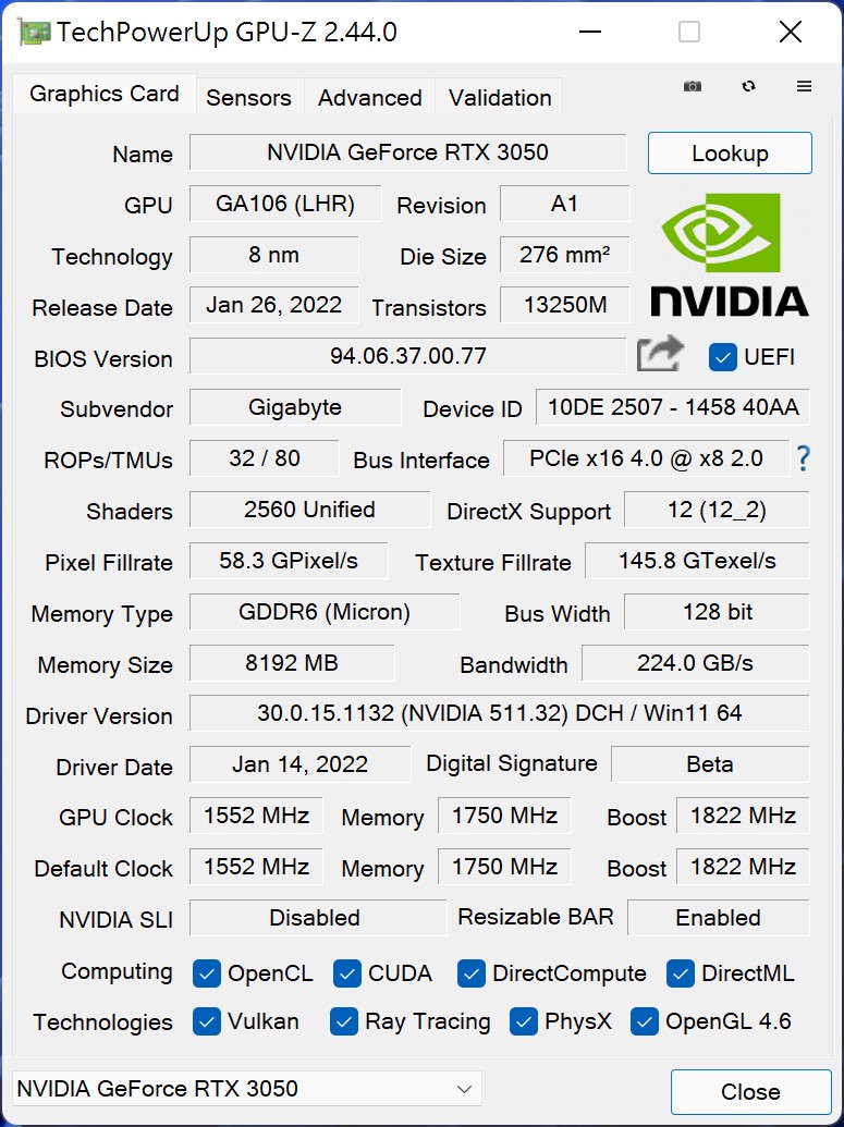 从GPU-Z查看显卡信息，可以看到GeForce RTX 3050 Gaming OC 8G的Boost时钟为1822MHz，比官方规格高出52 MHz（2.94%）。