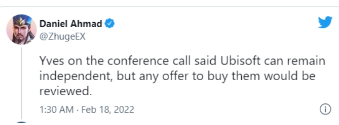 育碧CEO表示公司仍将保持独立，但如果有人要收购我们也会考虑