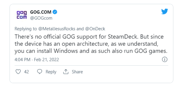 GOG：无官方支持Steam Deck计划，可在设备安装Windows游玩 