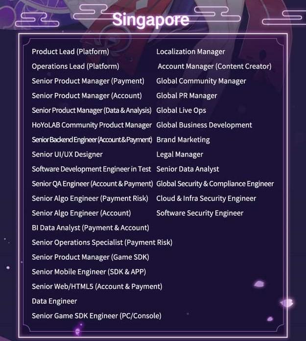 《原神》制作公司HoYoverse在新加坡招募大量岗位！你也想要为二次元贡献一份力吗？ 
