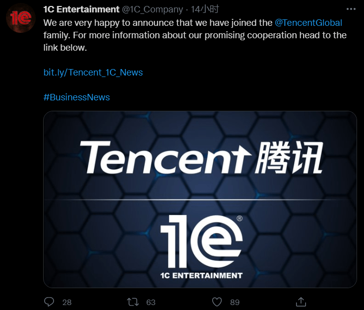 腾讯收购1C Entertainment 直接将百款游戏IP收入其中