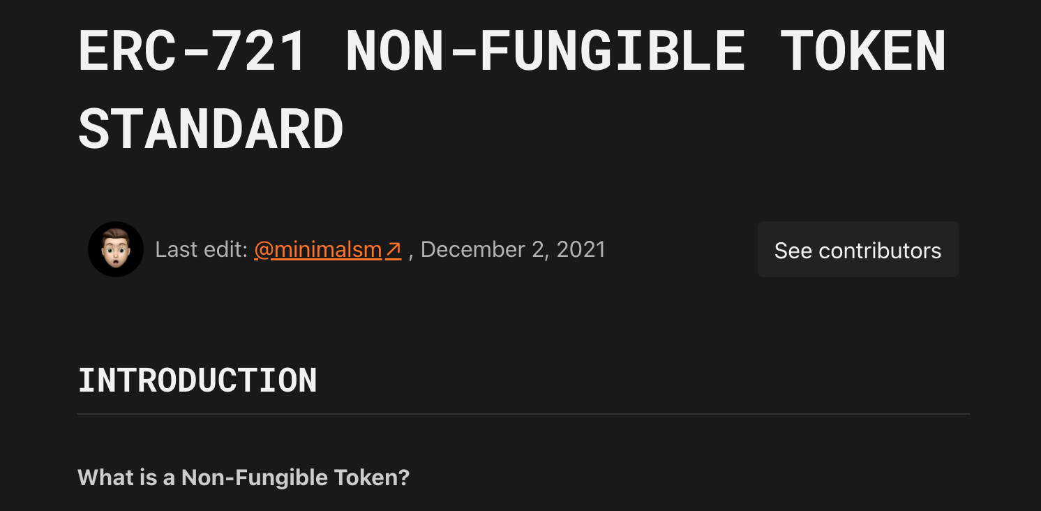 照片中提到了ERC-721 NON-FUNGIBLE TOKEN、STANDARD、Last edit： @minimalsm 7 ， December 2， 2021，包含了汉纳克斯、产品设计、产品、介绍、多媒体