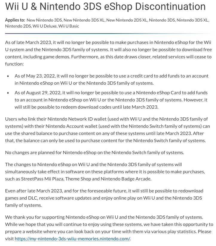 任天堂宣布将在2023年3月停止 3DS 与 WiiU 的 eShop 购买服务 