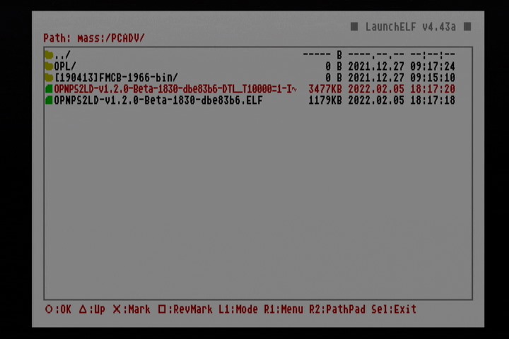 笔者在这次的教学中使用OPL v1.2.0-Beta-1830-dbe83b6版。 安装方式为透过LaunchELF将OPL主程序从随身碟复制到PS2内存卡的根目录即可。