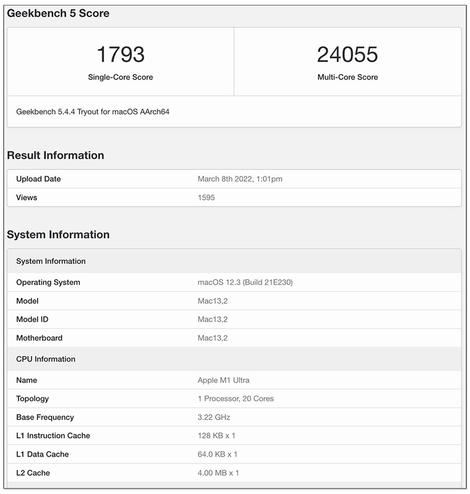 M1 Ultra 首笔 CPU 效能跑分现身！ 单核心与多核心都获得相当高的分数