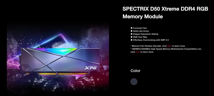 XPG 家族的 DDR4 超频旗舰 SPECTRIX D50 Xtreme，最高的账面数据也只到 5000MT/s。 （资料源：https://www.xpg.com/us/xpg/686） 