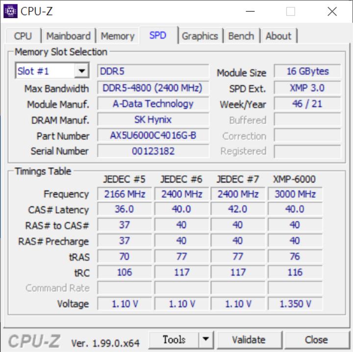 透过最新版的CPU-Z来看内存资料，可以得知是用2021年第46周出厂的颗粒，兼容XMP 3.0，可以直接套用6000MT/s的配置，电压为1.350V。