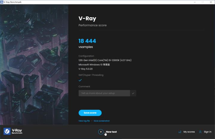 V-Ray 5.0 分数 18，444。