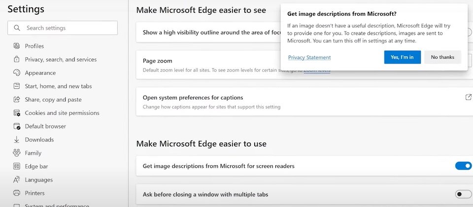 Microsoft Edge现在可以自动生成图说供屏幕阅读器使用