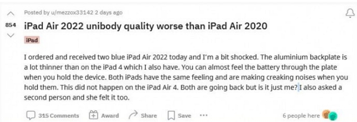 iPad Air 5 被指机身薄到「可以感觉到电池」，拿起平板还有诡异「吱吱」声