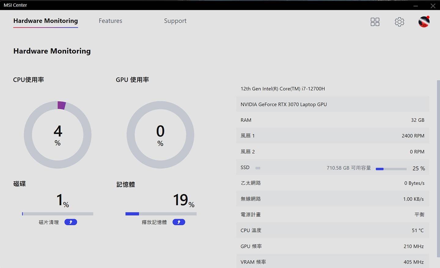 MSI Center 的功能主页可看到硬件资源监控接口，可一览 CPU、GPU 的使用率，以及磁盘与内存源的耗用现况，右栏则列出笔记本的硬件规格详情。