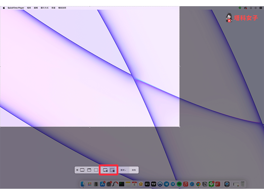 使用 QuickTime Player 在 Mac屏幕录像：选择录制范围