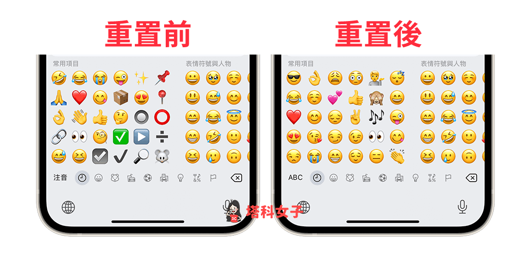 iPhone 表情符号纪录清除教学，重置常用表情符号为默认值 - iPhone 表情符号， iPhone 键盘， 表情符号， 表情符号键盘 - 塔科女子