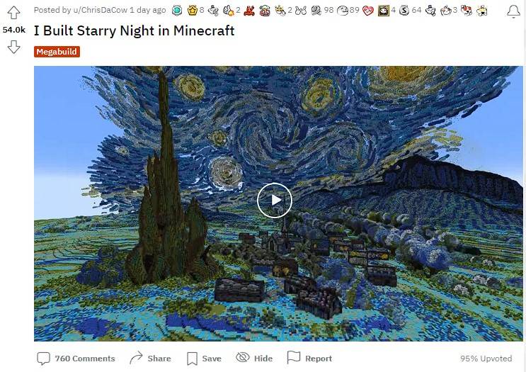 玩家在《Minecraft》画出梵高名画「星夜」，超高还原度如原画再现