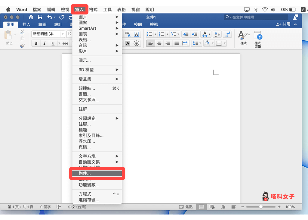 Word 插入 PDF 文件：插入 > 对象
