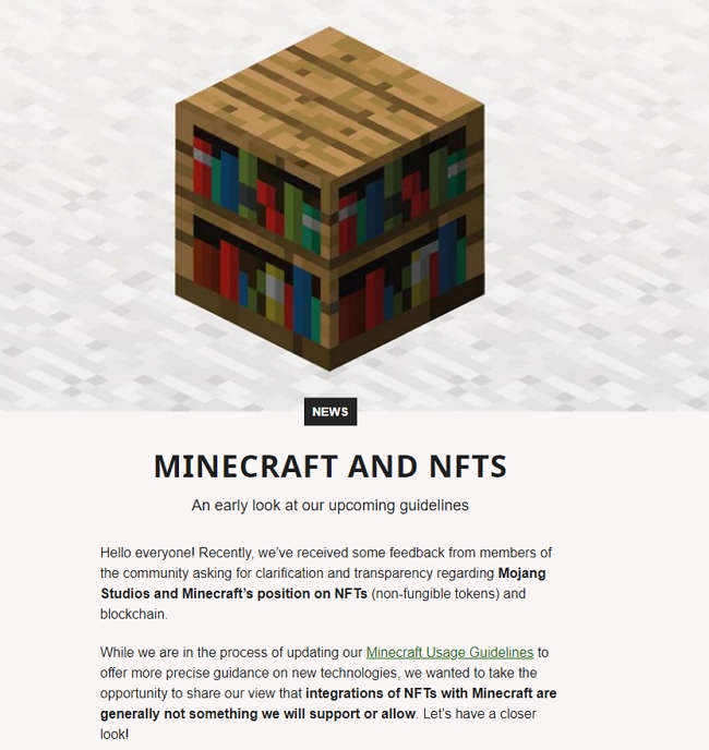 Minecraft突然发布「NFT禁令」，禁止任何 NFT出现Minecraft！ NFT Worlds 傻眼跳脚