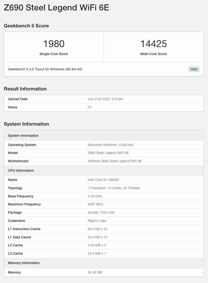 表现与 Ryzen 9 5950X 相去不远，Intel Core i5-13600K 数据再于 Geekbench 数据库曝光