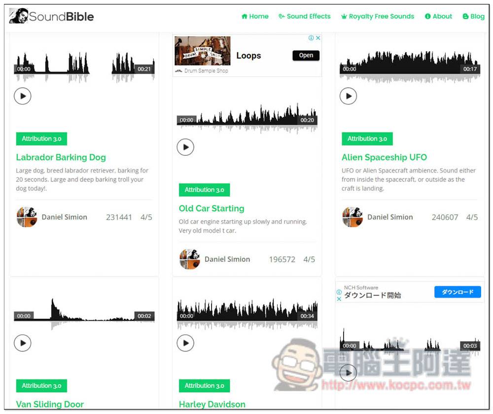 SoundBible 提供大量无版权免费声音音效素材，各种类型都有