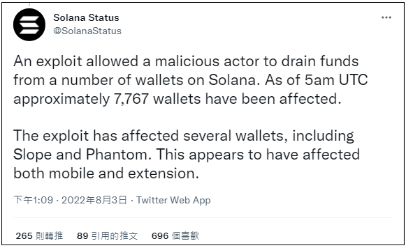 骇客清空近8，000个Solana钱包，疑似与钱包所使用的软体有关