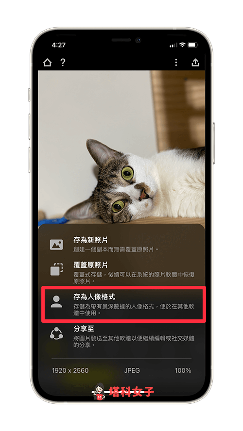 使用 Focos App 将 iPhone 照片转人像照片：储存为人像照片