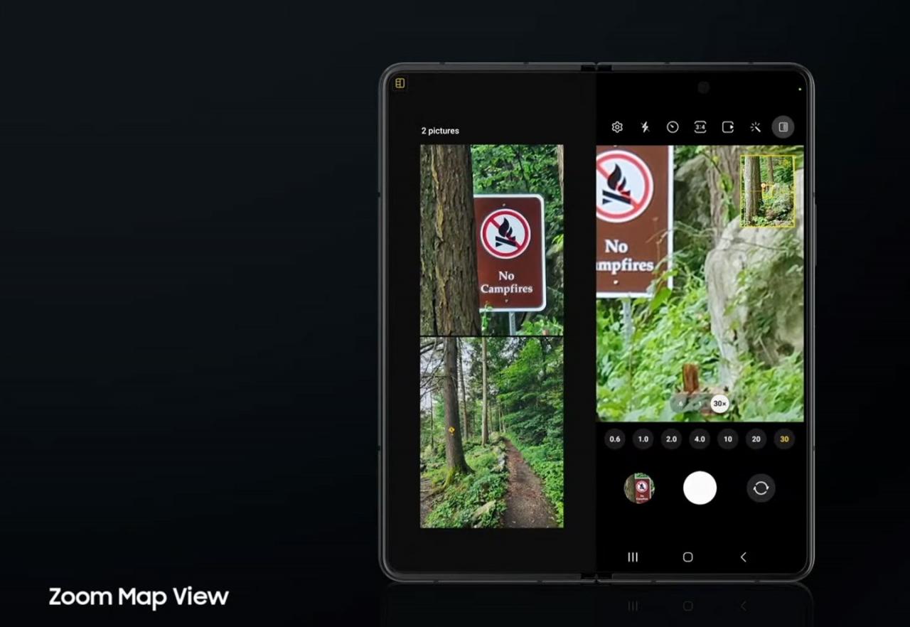 Galaxy Z Fold4 可利用内页屏幕在拍摄时启动 Zoom Map 功能，同时查看全景与望远端的画面预览。