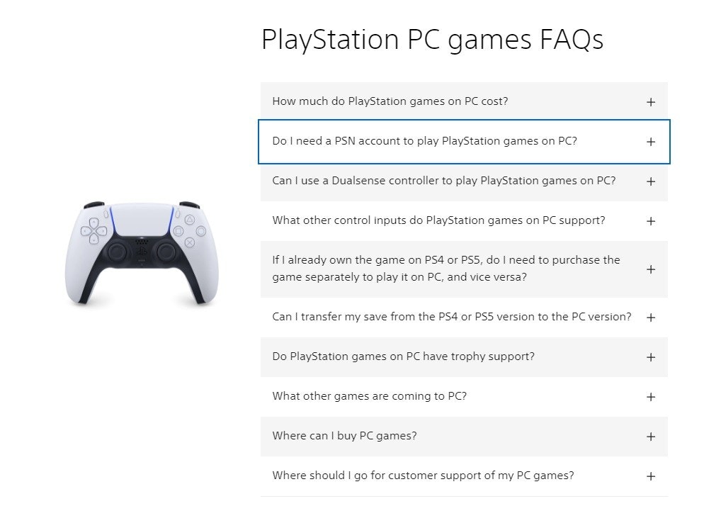 照片中提到了PlayStation PC games FAQs、How much do PlayStation games on PC cost？、Do I need a PSN account to play PlayStation games on PC？，包含了设计、设计、产品设计、产品、牌