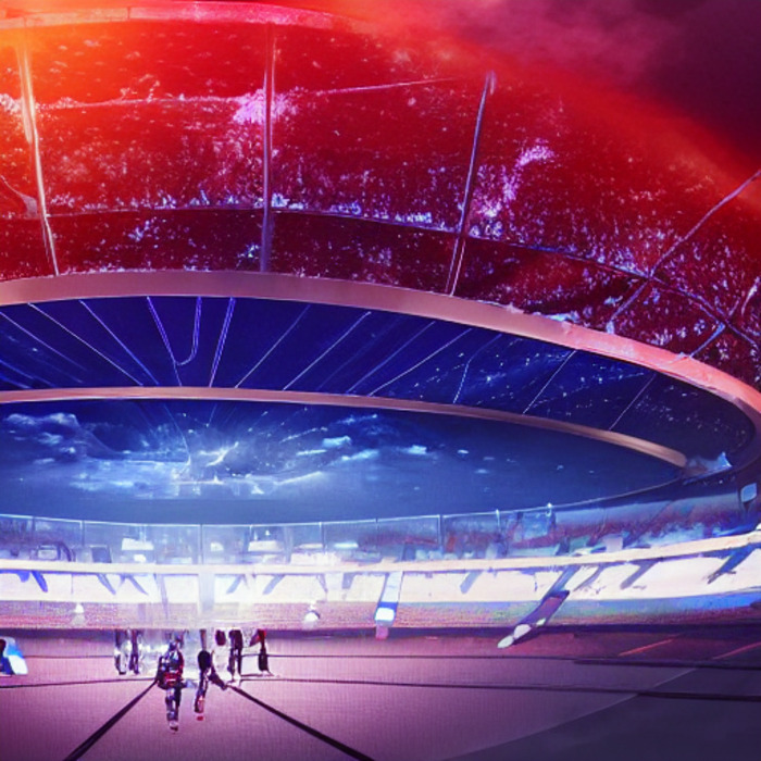 关键词的输入为「A futuristic dark stadium with a huge transparent transparent dome with Tai Tzu Ying waving on the pitch， sunlight， art station， sky， stars full of glass， huge size， fog， highly detailed， cinematic, colorful」。