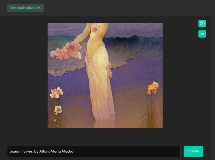 在 Stable Diffusion 输入「ocean， fower， by Alfons Maria Mucha」的结果。