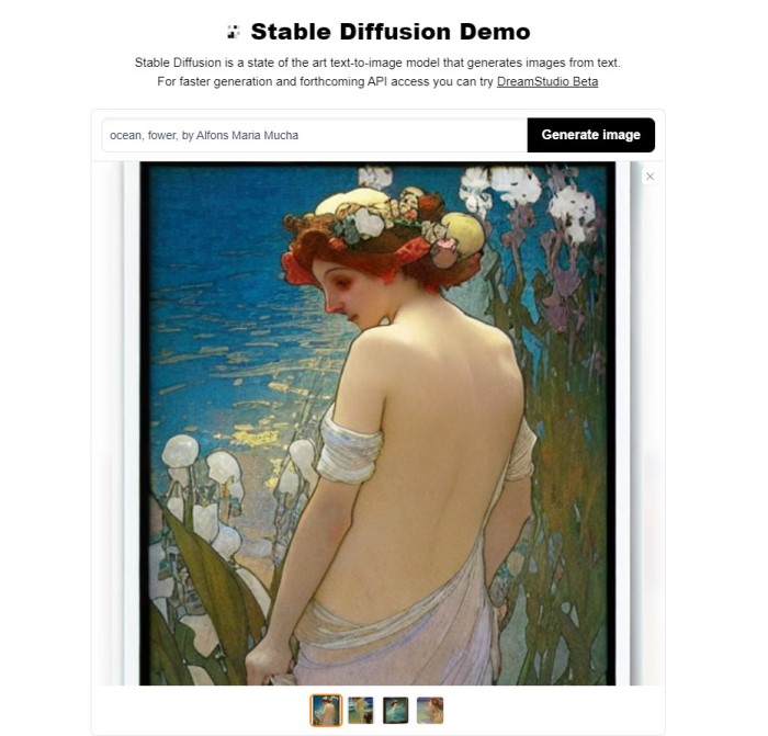 在 Stable Diffusion Demo 输入「ocean， fower， by Alfons Maria Mucha」的结果。