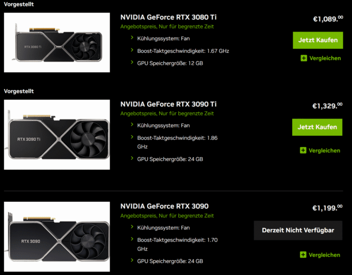 NVIDIA 显示卡欧洲官网减价    RTX 3090 Ti 激减 920 欧元