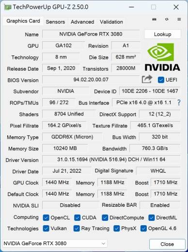 使用的显卡为NVIDIA GeForce RTX 3080 Founder Edition，并开启Resizable BAR功能。