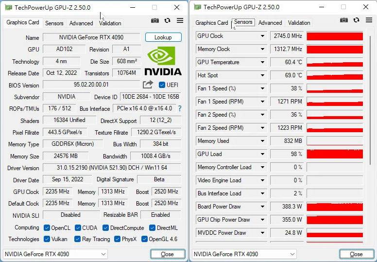 NVIDIA GeForce RTX 4090 GPU-Z 截图。