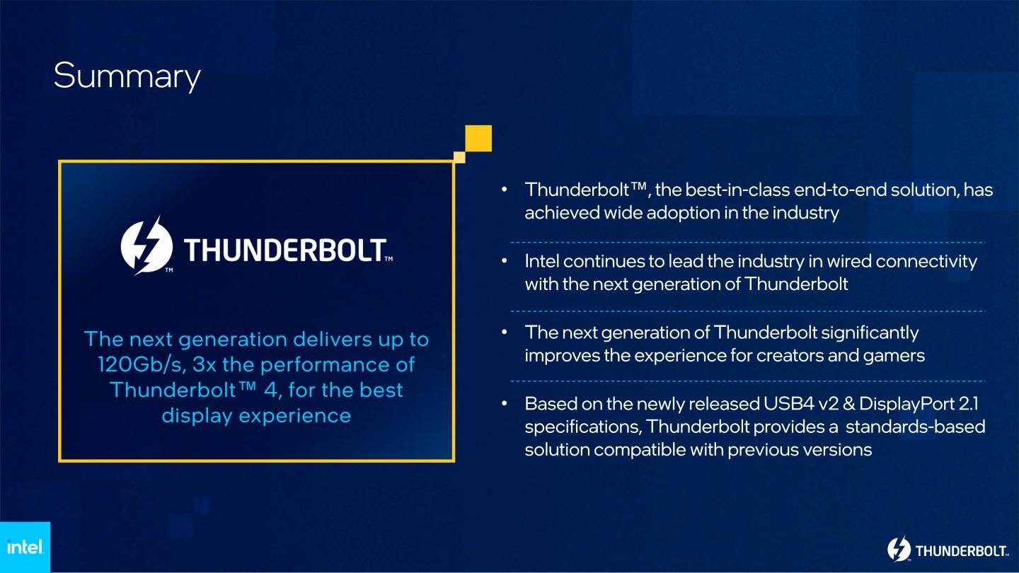 总结而言，次世代Thunderbolt能够延续现有Thunderbolt 4便利的使用体验，并进一步提升传输速度与支持更多规范。