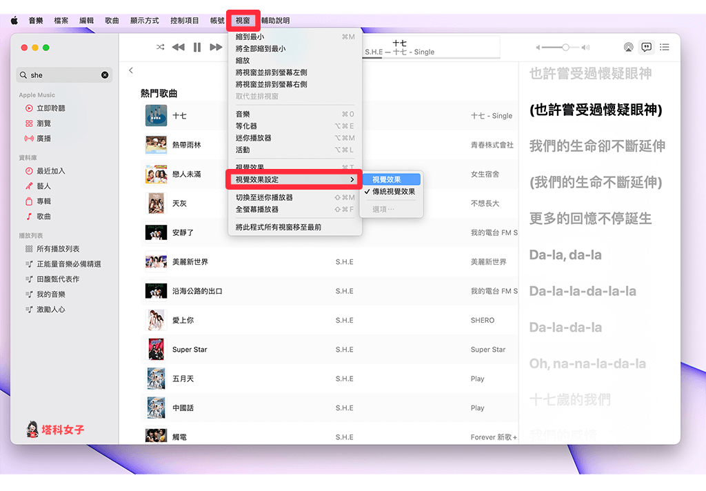 Apple Music 动态效果背景：窗口 > 视觉效果设定