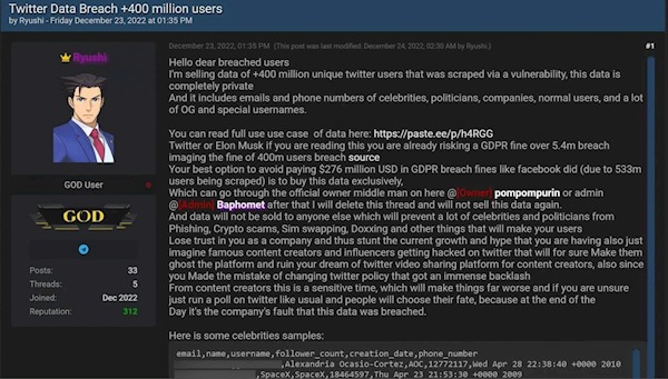 黑客在暗网出售4亿推特用户资料，还问马斯克：花20万美元买下，或被欧盟罚款540万欧元？