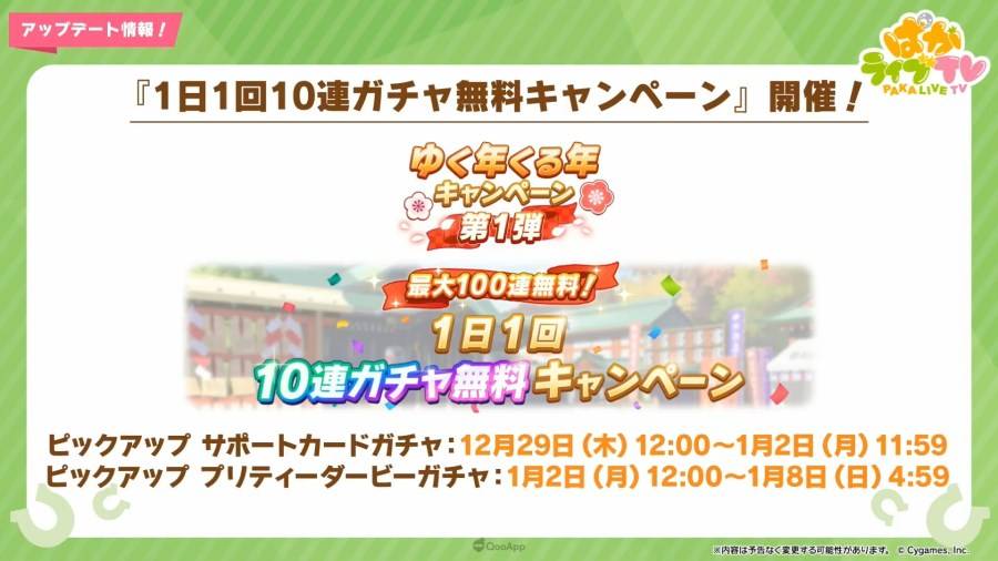 日本 Cygames 旗下手机游戏《赛马娘 Pretty Derby》（ウマ娘 プリティーダービー），在 12 月 28 日晚间的官方直播节目「PakaLive TV」公布了近期游戏内更新与新年活动、周边商品、异业合作的相关信息。 