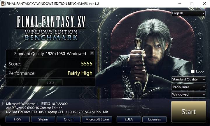 利用 Final Fantasy XV Benchmark 进行游戏图形性能测试在 Full HD 分辨率下，画质设在 Standard Quality 下进行测试，获得 5，555 分与 Fairly High 效能等级。