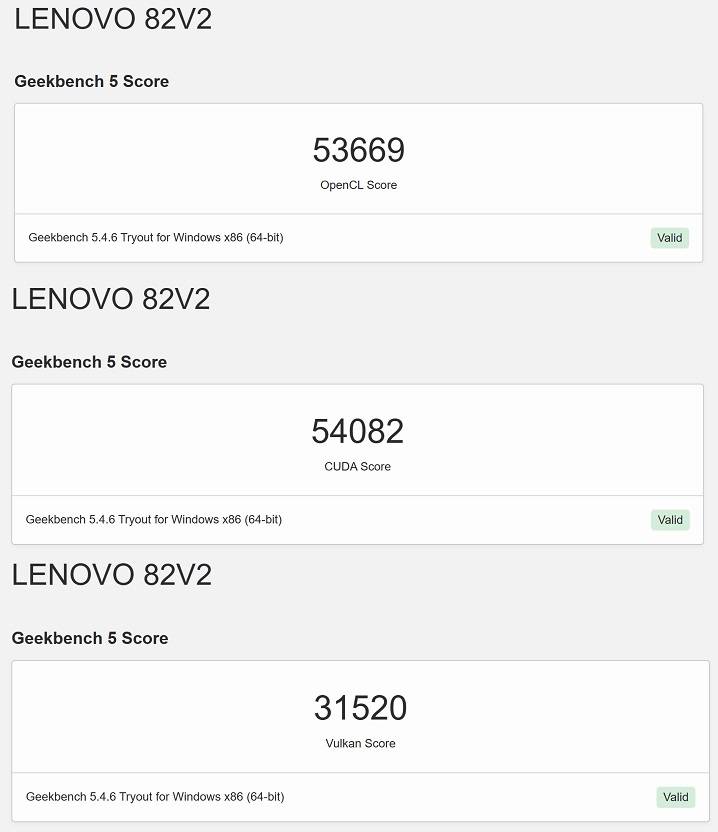 利用Geekbench 5进行测试，选定于NVIDIA GeForce RTX 3050进行测试，在OpenCL测试获得的分数为53，669分，在CUDA测试获得的分数为54，082分; 在 Vulkan 测试获得的分数为 31，520 分。
